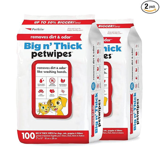 Petkin Pet Wipes for Dogs and Cats, 200 Large Wipes - Removes Dirt & Odor Like Washing Hands - Cleans Ears, Face, Butt, Eye Area - Convenient, Ideal for Home or Travel - 2 Packs of 100 Wipes