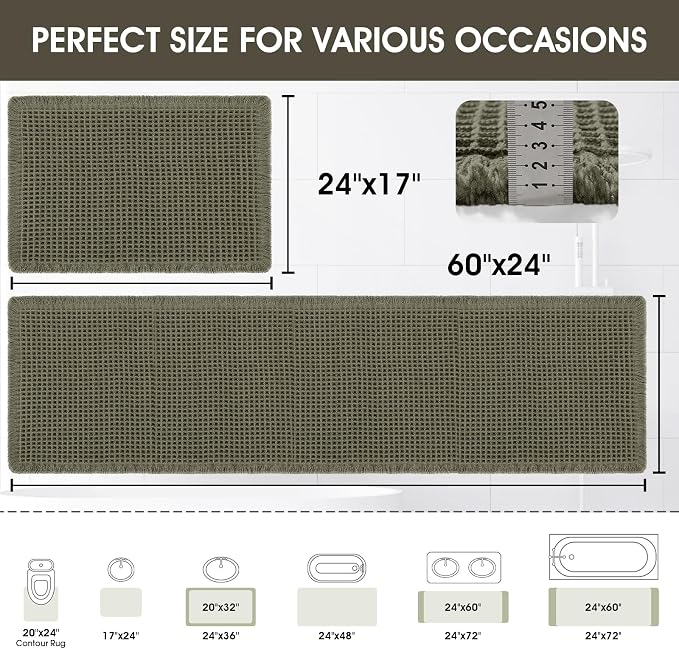 Upgraded Waffle Bath Mat Set 2 Piece Greyish Green, Super Absorbent Non-Slip Quick Dry Bathroom Rugs with Tassels, Machine Washable Ultra Soft Boho Bath Rugs for Floor, Bath Mats Boho Farmhouse Decor