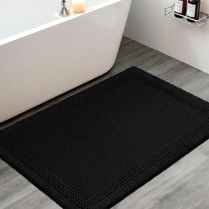Upgraded Waffle Bath Mat, 36"x24" Black-Bordered, Super Absorbent Non-Slip Quick Dry Bathroom Rugs with Tassels, Machine Washable Ultra Soft Boho Bath Rugs for Floor, Toilet Mats Boho Farmhouse Decor