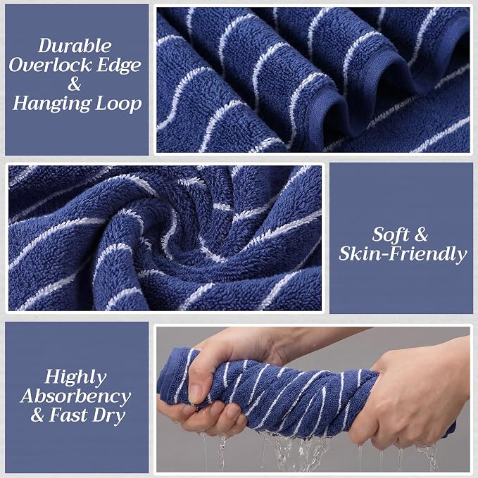 8 Pcs Oversized Bath Towels Set for Adults 40 x 80 Inches Extra Large Blue & White Striped Beach Towels Sheets Pool Shower Quick Jumbo Dry Absorbent Soft Microfiber for Hotel Bathroom