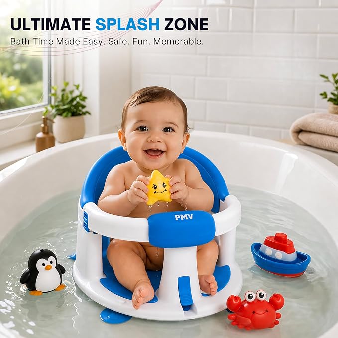PMV Baby Bath Seat for Sitting Babies, Non-Slip Baby Bath Chair with 3 Suction Cups, Safe & Comfortable Toddler Bath Support Seat for Bath/Shower Use, Stable Design, Gray (6–24 Months) (Blue)