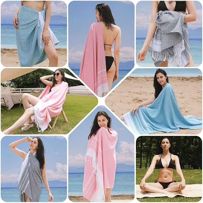 Genovega 6 Packs Oversized Turkish Beach Towels Set 74"x38" Extra Large Sand Free Quick Dry Absorbent Swim Bath Pool Towel Adult Travel Essentials Blanket Accessories Vacation Grey Stripe