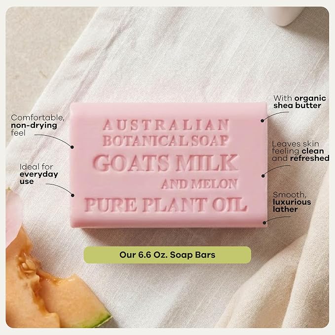 Australian Botanical Soap, Goat Milk Soap and Melon, 6.6 oz. Bars, Triple Milled Body Cleanser, Made in Australia with African Shea Butter and Native Goat Milk, All Skin Types, Pack of 8