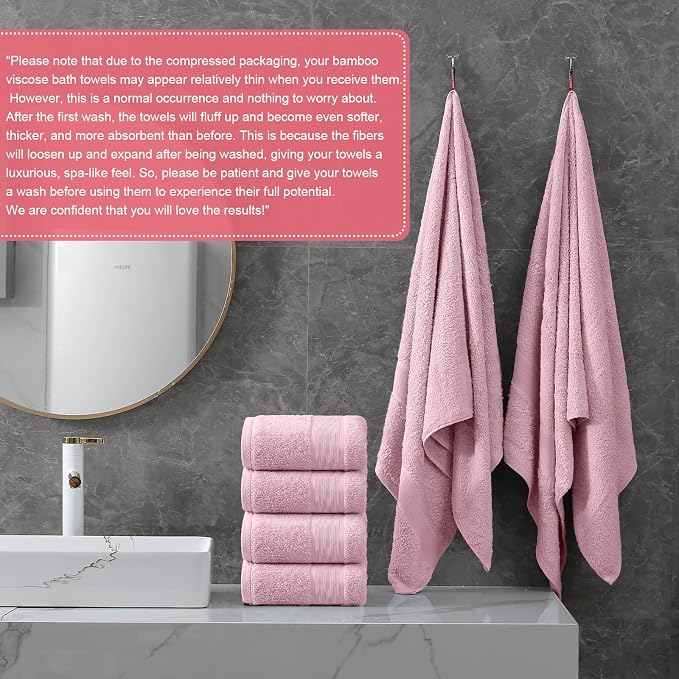 Aibaser Viscose from Bamboo and Cotton Bath Towels Set of 6-27x54 Inch Ultra Soft, Highly Absorbent Large Shower Towels for Bathroom, Spa & Gym (6 Piece Set) (Pink)