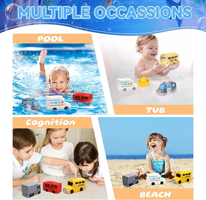 Mold Free Bath Toys with Mesh Storage Organizer, 6 Packs No Hole Baby & Toddler Bathtub Toys: Water Floating Vehicles Truck School Bus Car Toys, Sealed Soft Silicone Rubber Bath Toys for Kids Ages 0+