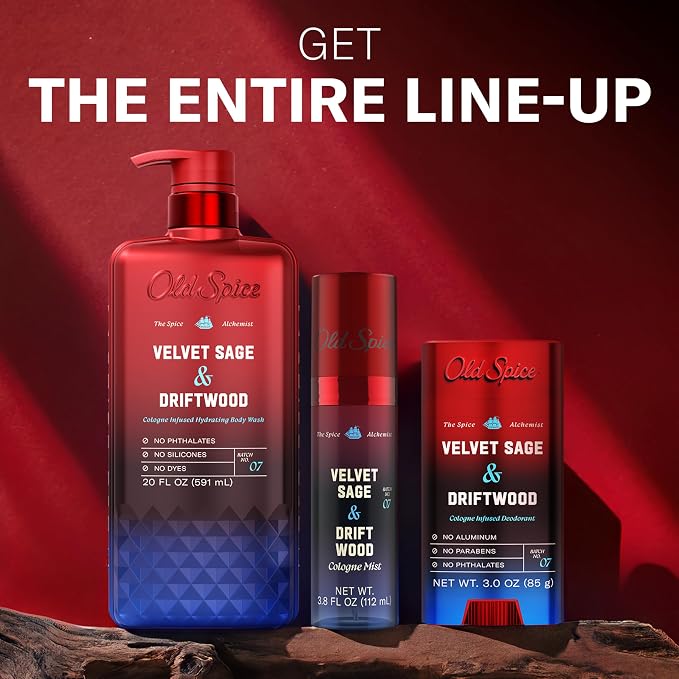 Old Spice Body Wash for Men, The Spice Alchemist Collection, 24/7 Cologne Infused Hydration, No Trade Off Formula, Free of Phthalates Silicones & Dyes, Velvet Sage + Driftwood Scent, 20 oz
