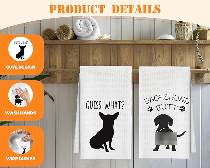 Kitchen Towels Set of 2, Guess What Dachshund Dish Towel for Kitchen Bathroom, Funny Pet Decorative Hand Towels, Fast Drying Tea Towel, Housewarming Gifts for Dog Lovers Dog Mom Women -06