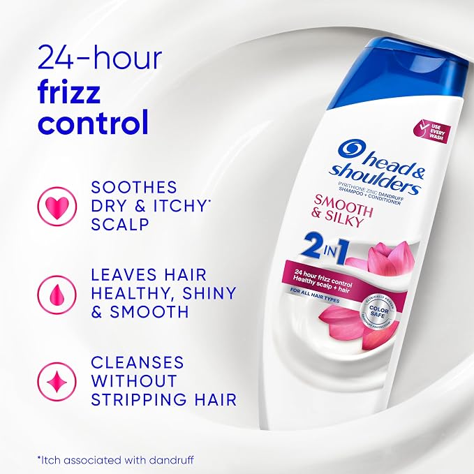 Head & Shoulders Anti-Dandruff Shampoo and Conditioner for Women | Smooth & Silky 2-in-1 | 1% Pyrithione Zinc, 24-Hour Frizz Control, Soothes Dry & Itchy Scalp, Healthy, Shiny & Smooth, 28.2 Fl Oz