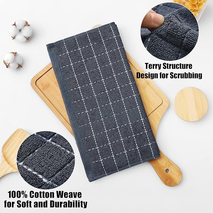 Homaxy 100% Cotton Terry Kitchen Towels(Dark Grey, 20 x 28 inches), Checkered Designed, Soft and Super Absorbent Dish Towels, Large 8 Pack