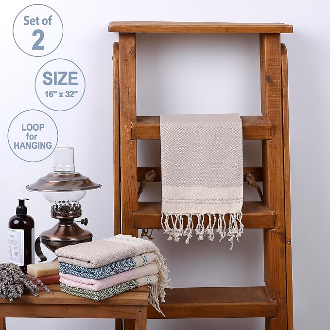 Evelynen Turkish Hand Towels for Bathroom & Kitchen Towels Decorative Set of 2 | Boho Farmhouse Hand Towels with Hanging Loops for Face, Tea, Dish, Kitchen & Bath | %100 Cotton (16" x 32" - Beige)