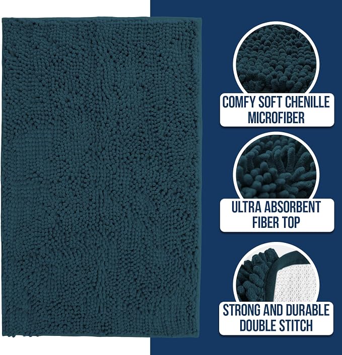 Muddy Mat Chenille Bathroom Rugs Quick Dry Microfiber Mats Non Slip Washable, Extra Thick, Soft and Highly Absorbent Bath Mats for Bathroom, Kitchen, and Shower Floor - Atlantic Blue Runner 59"X24"