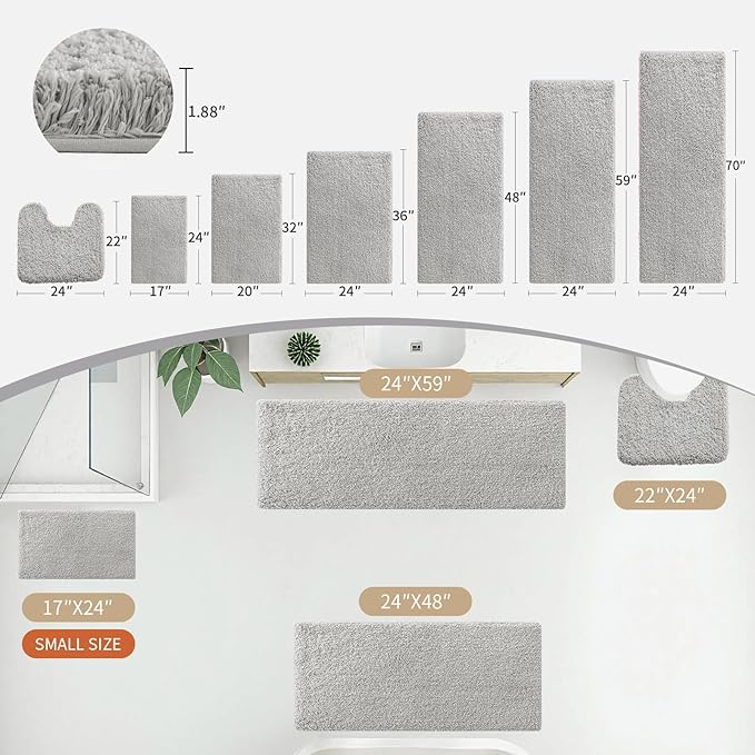 Disolla Grey Bathrom Runner Rug 24x70 - Extra Large Soft Plush Bath Mat, Thick Long Non-Slip Shaggy Floor Mat, Ultra-Absorbent for Master Bathroom Vanity