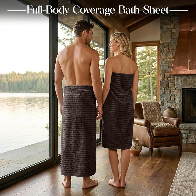 RIVERSIDE Pack of 2 Extra Large Bath Sheet Towels, 35 x 70 Inches, 600 GSM, Ribbed Stripe, 100% Cotton - Super Soft, Highly Absorbent & Quick Dry for Bathroom, Spa & Hotel, Brown