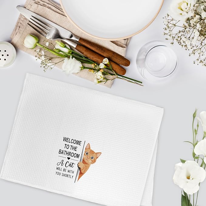 Funny Orange Tabby Cat Hand Towels for Bathroom, A Cat Will Be with You Shortly Hand Towels, Funny Orange Cats Dish Tea Towel for Kitchen Bathroom Decor, Cats Gifts for Kids Girls, 16x24