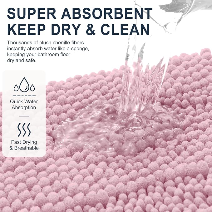 Smiry Thick Small Chenille Bathroom Rugs 24x16, Extra Soft Absorbent Striped Bath Mat, Machine Washable, Rubber Backing, Bath Rugs for Bathroom, Tub & Shower, Home Decor Accessories, Dusty Rose