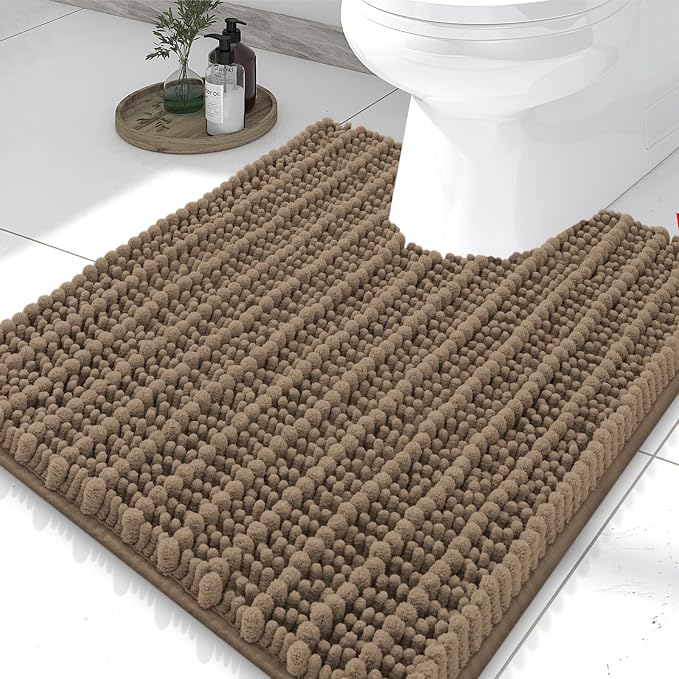 Smiry Bathroom Toilet Rugs U Shaped 24x20, Extra Soft Absorbent Non Slip Rubber Backing Chenille Contour Bath Rugs for Toilet, Machine Washable Contoured Bath Mats, Camel