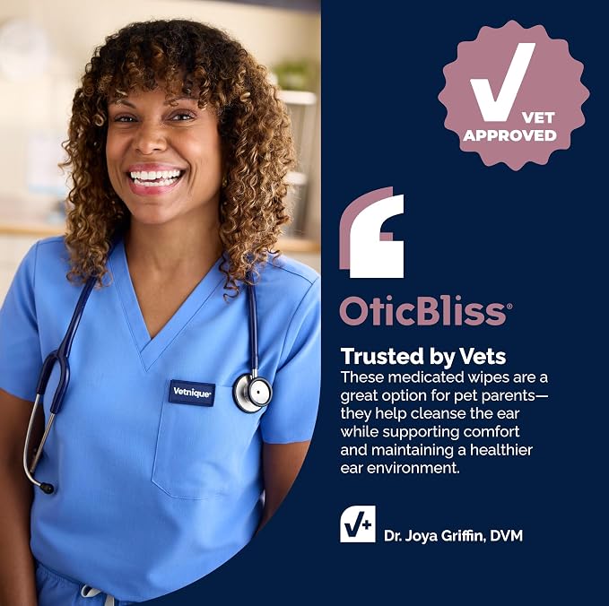 Vetnique Oticbliss Medicated Dog Ear Wipes, Yeast & Ear Infection Treatment | Antiseptic, Antibacterial & Antifungal Hydrocortisone & Miconazole Wipes for Itchy, Yeasty Dog & Cat Ears, Non-Stinging