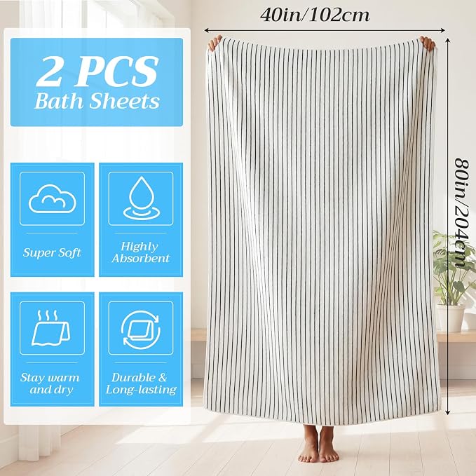 2 Pack Oversized Bath Towels 40 x 80 in Coral Fleece Extra Large Black and White Striped Bath Sheets Microfiber Quick Dry Absorbent Shower Towel for Beach Pool Hotel Bathroom Spa Gym