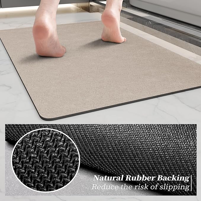 Bathroom Mat Rugs 47x17, Long Diatomaceous Earth Bath Mat Large Quick Dry Bath Mat Non Slip Rubber Backed Super Absorbent Shower Mat, Thin Bathroom Runner Rugs Floor Mat Fit Under Door, Taupe