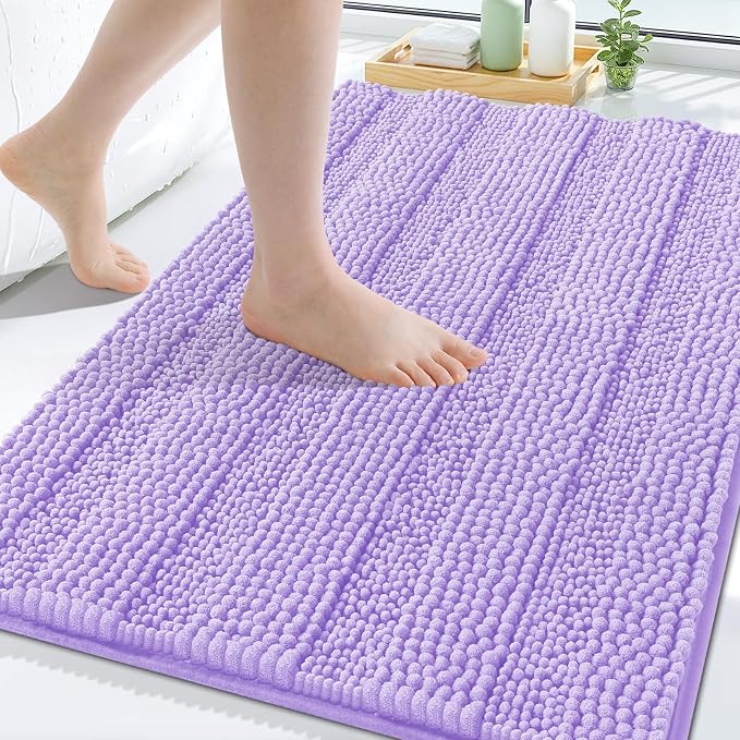 Grandaily Chenille Striped Bathroom Rugs 47x17, Extra Thick and Soft Absorbent Bath Mats, Rubber Backing, Plush Shaggy Shower Carpet, Machine Wash Dry, Bath Rug for Bathroom, Light Purple
