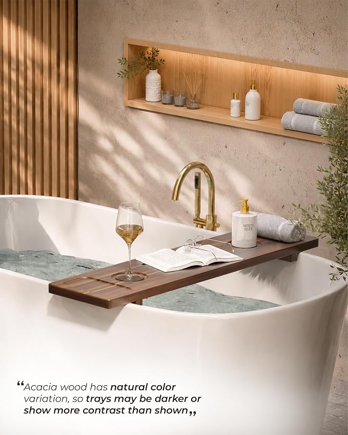 Acacia Wood Bathtub Caddy Tray for Tub, 34.6" Adjustable Bath Tray with Tablet Slot, Wine Glass Holder, Anti-Tip Legs, Spa Bath Table for Relaxing Bath Time