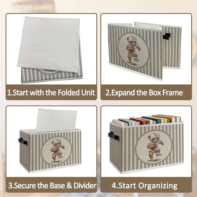 Rugby Football Bear Storage Bins Box with Handles, Sports Kids Decor for Boys, Striped Sports Animal Collapsible Organizer Basket for Kids Nursery Room Bedroom Playroom Toys Books