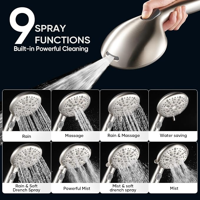 Cobbe 9-Function Shower Head with Built-in Power Spray, 1.8 GPM Water Saving ON/OFF Toggle Switch, High Pressure Handheld Showerhead with 1-Click Pause Button, Brass Bracket & 6ft Hose, Brushed Nickel