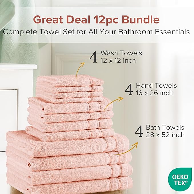Comfort Spaces 12 Pc Towel Set, 100% Cotton Zero Twist, Blush | Zero Twist Cotton, Quick Dry Ultra Soft, 4 Bath 4 Hand 4 Washcloth, Lightweight Absorbent for Everyday Bathroom Use