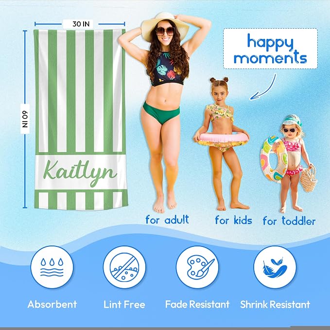 JML Personalized Beach Towel with Name, Custom Cabana Stripe Beach Towel, Customized Microfiber Pool Towel, Quick Dry & Absorbent Swim Towel for Adult,Anniversary, Birthday, Summer Holiday,Vacation