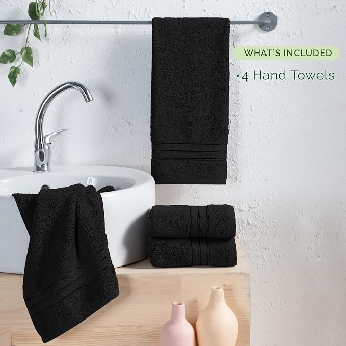 Elegant Comfort Three Line Popcorn Towel Set for Bathroom 16 x 28 inches, Premium Hotel Quality 4-Pack Hand Towels, 100% Turkish Cotton, Soft and Durable, Quick Dry and Highly Absorbent, Black
