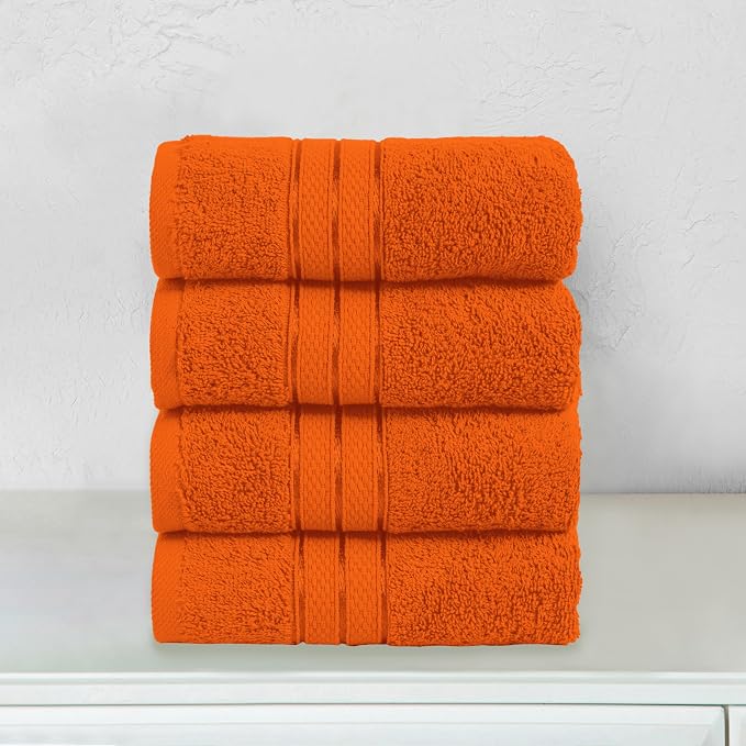 Elegant Comfort Three Line Popcorn Towel Set for Bathroom 16 x 28 inches, Premium Hotel Quality 4-PACK Hand Towels, 100% Turkish Cotton, Soft and Durable,Quick Dry and Highly Absorbent, Vibrant Orange