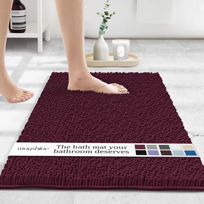 MAYSHINE Small Plush Shaggy Chenille Bath Mat 24"x17" Extra Soft, Super Absorbent, Non-Slip Bathroom Rug | Fluffy Microfiber, Area Rug Sets for Bathroom Floor, Kitchen, Living Room | Burgundy