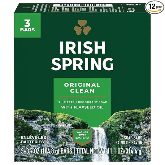 Irish Spring Deodorant Bar Soap, Original, 3.75 oz bars, 3 ea (Pack of 12)