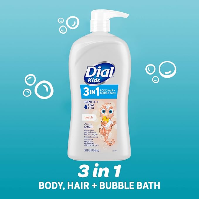 Dial Kids All-in-1 Body + Hair + Bubble Bath, Peach Scent, 32 Fl Oz, Hypoallergenic Body Wash & Shampoo, No Tears Formula for Kids 2+ Years, No Parabens & Silicones (Pack of 2)
