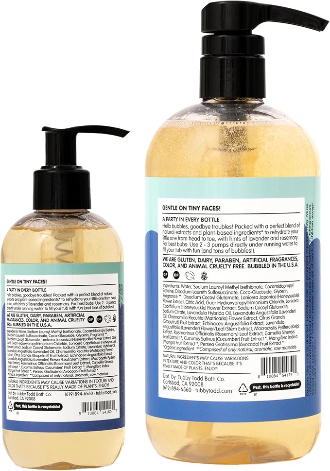 TUBBY TODD Bubble Bath for Kids, Toddlers & Babies - Hypoallergenic, Non-Irritating Sensitive Skin Bubble Bath - 2 Pack, 25 fl oz & 8 fl oz - Lavender Rosemary