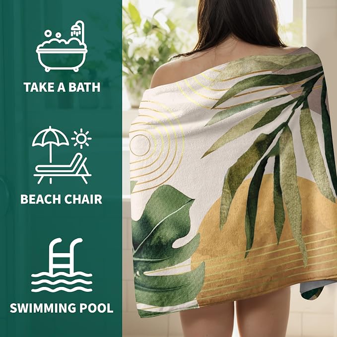 Boho Leaves Microfiber Bath Towel Soft Mid Century Modern Absorbent Towel for Adults Bathroom