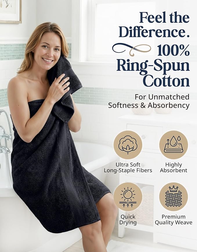 LANE LINEN 100% Cotton Towel Set for Bathroom - 16 Piece - Super Soft, Hotel Quality - 4 Bath, 8 Wash Cloths, 4 Hand Towels for Bathroom - Classic, Gentle on Skin, Ideal for Spa & Daily Use - Black
