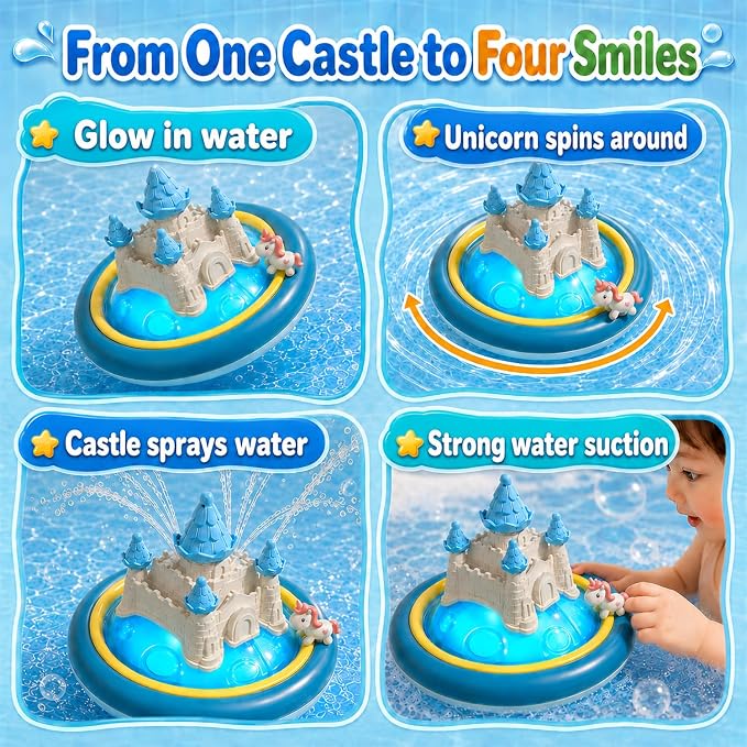 Baby Bath Toys for Toddlers, Unicorn Light Up Bathtub Toy for Toddler, LED Color-Changing Lights and Automatic Water Spray Castle Bathtub Water Toy for Kids 1 2 3 4.