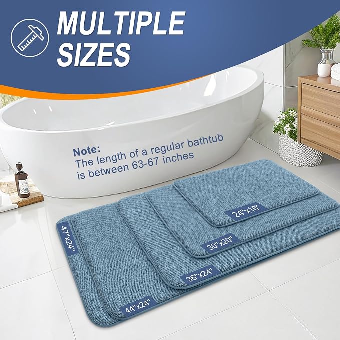 OLANLY Thick Memory Foam Bathroom Runner Rugs 47x17, Extra Soft Absorbent Long Bath Rug, Quick Dry, Non-Slip, Machine Washable Bath Mats for Bathroom, Tub and Shower, Home Decor Accessories, Airy Blue