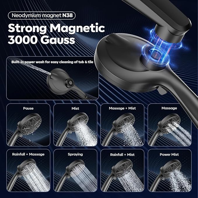 Rain Shower Head with filtered Handheld High Pressure rainfall Shower Heads with Handheld Spray Combo Adjustable one-piece stand daul shower head Built-in Magnetic Docking and Power Jets-matter black