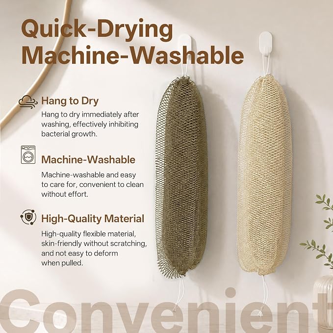 African Net Sponge for Shower, 2PCS Exfoliating Shower Sponge with Waterproof Travel Bag, Quick-Drying African Wash Cloth for Deep Cleansing & Smooth Skin (Linen & Light Brown)