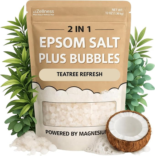 Epsom Salt Plus Bubbles – Coconut & Teatree Scented Foaming Bath Soak – Magnesium Sulfate for Muscle Recovery, Stress Relief & Relaxation – Great for Aromatherapy – 12 oz
