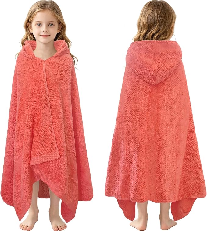 VOOVA & MOVAS Hooded Bath Towels for Kids | Soft Absorbent 100% Cotton Thick Towel Wrap | Versatile Beach, Pool, Swim & Bath Cover-Up | Deep Pink Solid Waffle