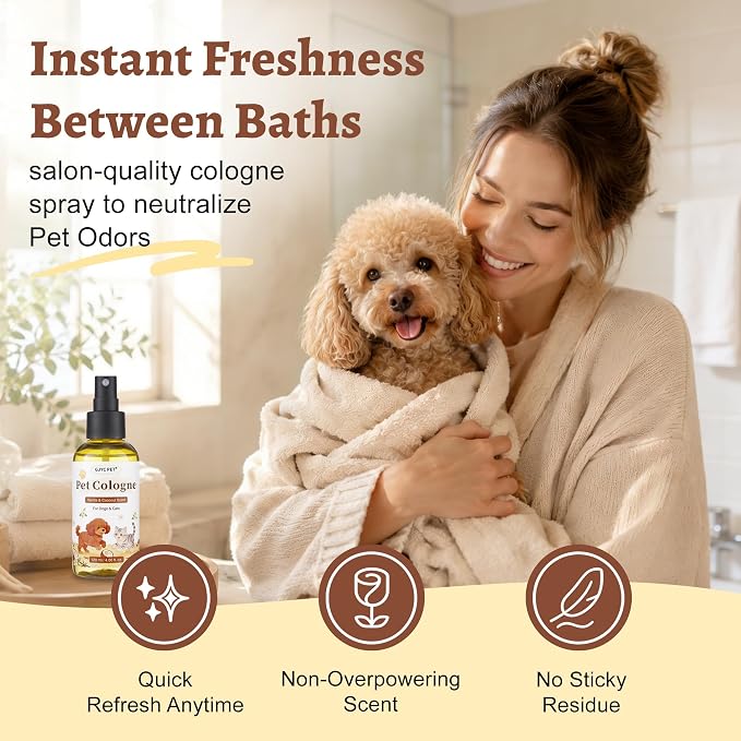 Dog Perfume & Cologne Spray – Long-Lasting Vanilla Coconut Scent, Alcohol-Free Deodorizing Spray, Gentle Grooming Mist, Fur Condition & Coat Fresh, Non-sticky, Dogs & Cats, 4.06 fl.oz