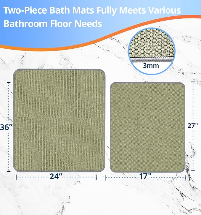 Bathroom Rugs Sets 2 Piece, Thin Bath Mat Absorbent Quick Dry, Machine Washable, Rubber Backing for Non Slip, Low Pile Cozy Cloth Bathroom Rug Set for Tub/Sink/Shower (27"x17" & 36"x24", Sage Green)