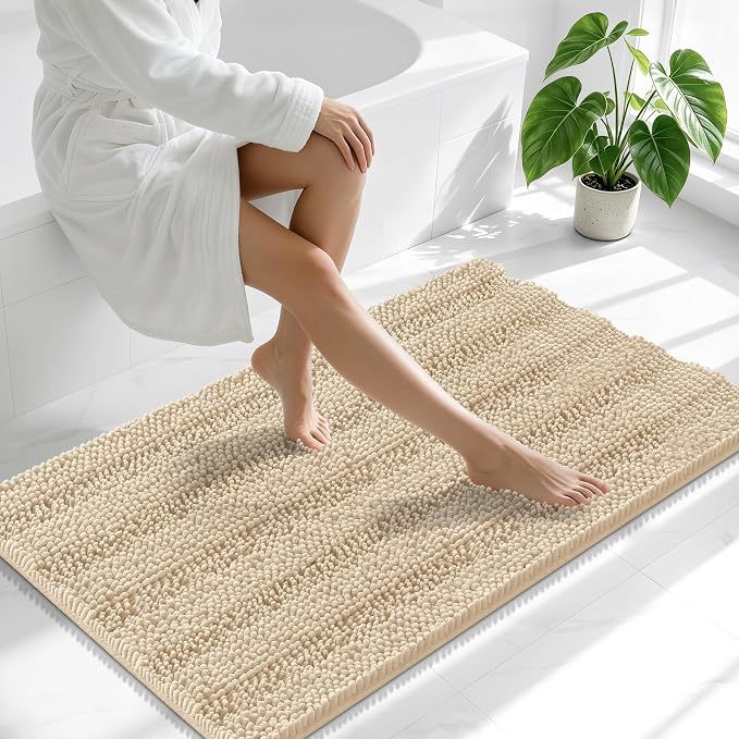 Smiry Thick Chenille Large Bathroom Rugs 45x27, Extra Soft Absorbent Striped Bath Mat, Machine Washable, Rubber Backing, Bath Rugs for Bathroom, Tub & Shower, Home Decor Accessories, Beige