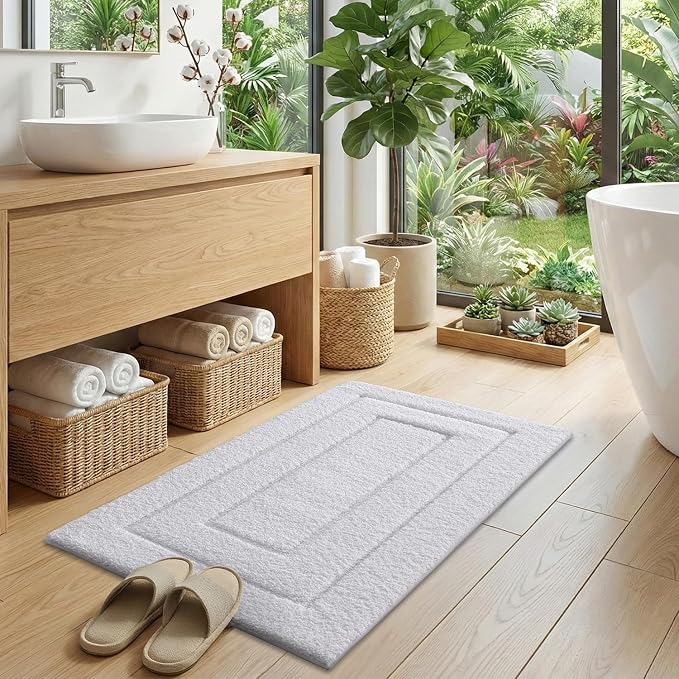 DEXI Small Bathroom Rug 24x16, Non Slip Washable Bath Mat for Shower Floor, Absorbent Soft Bathmat with Rubber Backing, Quick Dry Microfiber Carpet, White