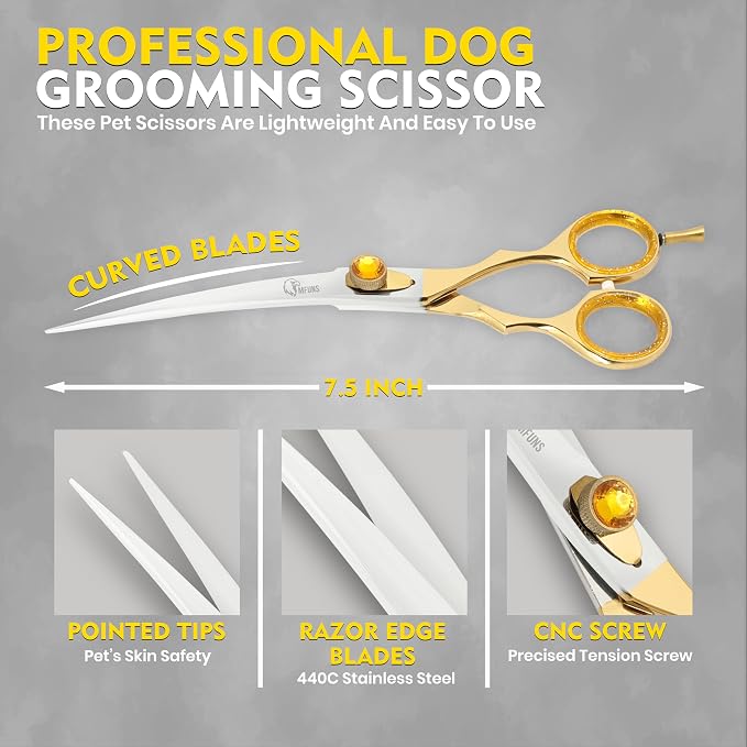 7.5 Inch Curved Grooming Scissors for Dogs and Cats – Professional Pet Grooming Shears for Face, Paws, Body and Tail – Sharp, Smooth, Ergonomic Curved Blades for Salon Groomers and Home Use