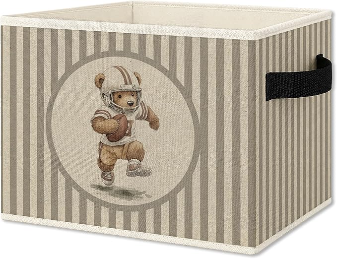 Rugby Football Bear Storage Bins Box with Handles, Sports Kids Decor for Boys, Striped Sports Animal Collapsible Organizer Basket for Kids Nursery Room Bedroom Playroom Toys Books