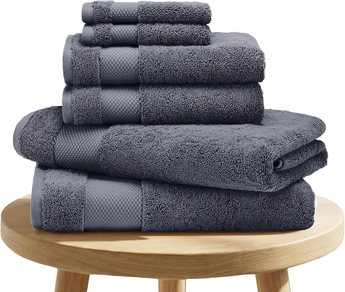 BIOWEAVES 100% Organic Cotton 700 GSM Plush 6-Piece Towel Set GOTS Certified, 2 Bath Towels, 2 Hand Towels & 2 Washcloths - Charcoal